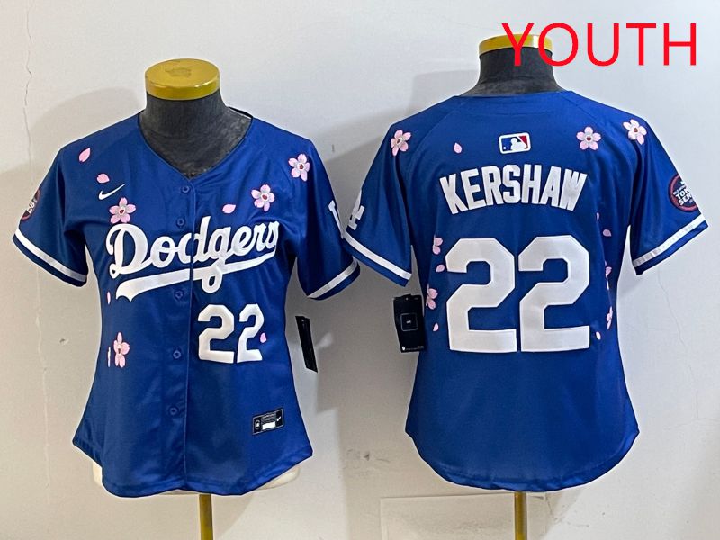 Youth Los Angeles Dodgers #22 Kershaw Blue White Blue Sakura Edition 2025 Nike MLB Jersey style 2